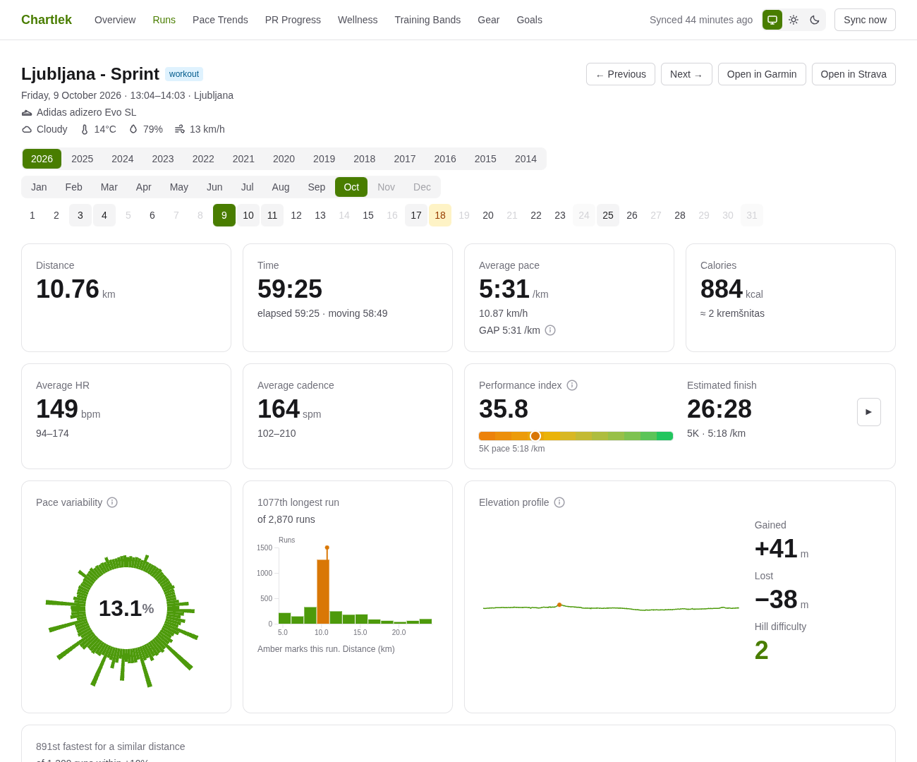 A run page with weather, gear, distance, time, pace, heart rate, a performance index, pace variability wheel and elevation profile.